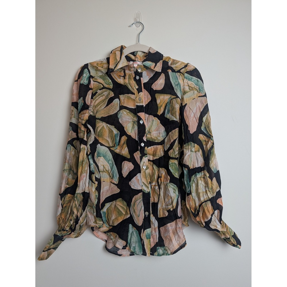 Luxxel Womens S Black Abstract Floral Button Down Button Cuff Long Sleeve Blouse - Picture 1 of 9